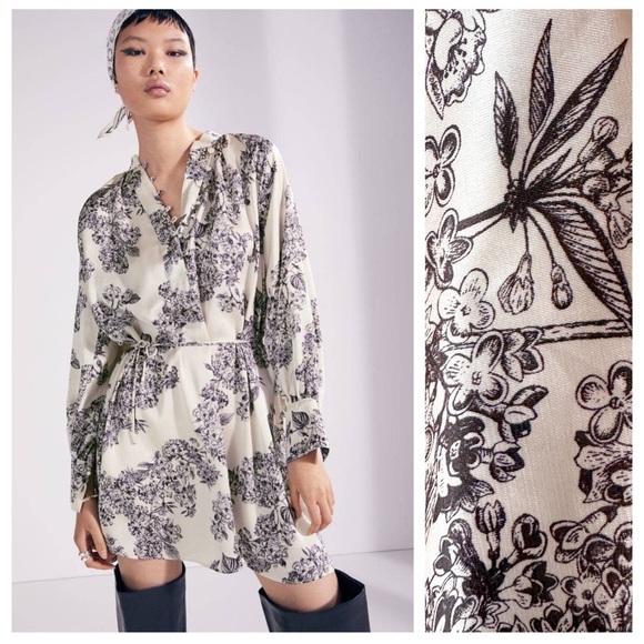 H&M Dresses & Skirts - H&M Cream Black Floral Tie-Belt Satin Dress